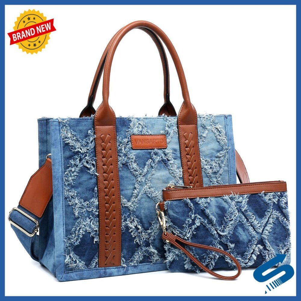Denim Tote Bag with Wristlet, Adjustable Strap, Zippered Compartments